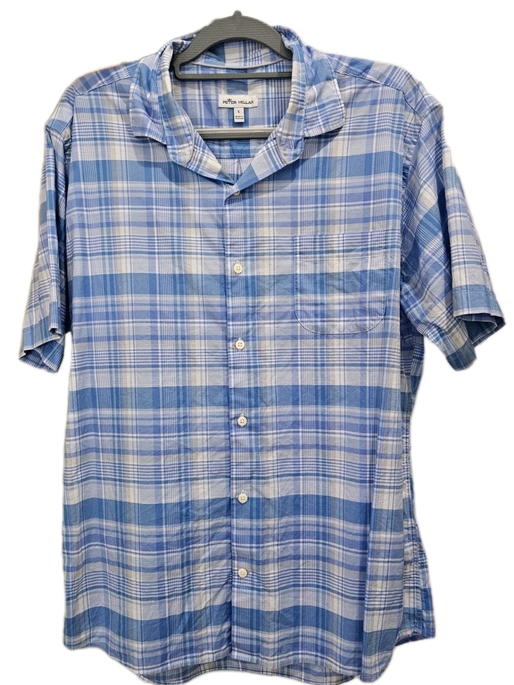 Peter Millar Mens Large Blue Plaid Short Sleeve Button Down Shirt Stretch Cotton